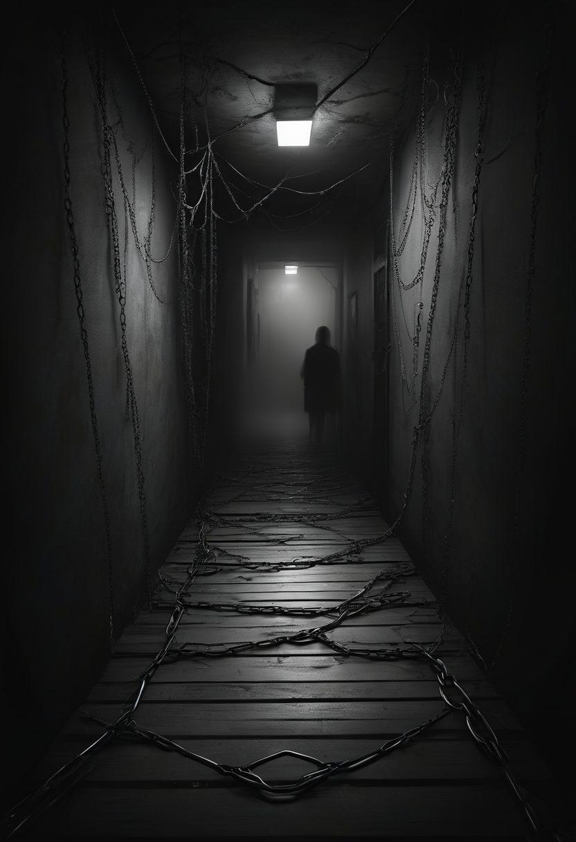 A shadowy, ominous web filled with dark, twisted pathways and ominous figures lurking in the background. A computer screen shows a worried face looking at disturbing content, with chains and locks symbolizing the forced nature. Dim, moody lighting and a sense of overwhelming entanglement encapsulate the perils of non-consensual content online. digital painting. dark, moody colors. high contrast.