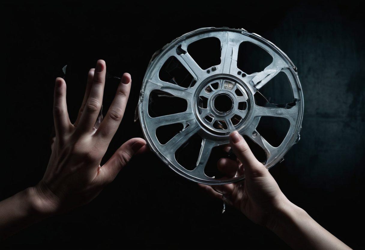 A shattered film reel over a dark, ominous background, with distressed faces emerging from its fragments, symbolizing the exploitation and sorrow in forced pornography. The background includes faint, ghost-like images of hands reaching out in despair. Dark, somber colors. super-realistic.