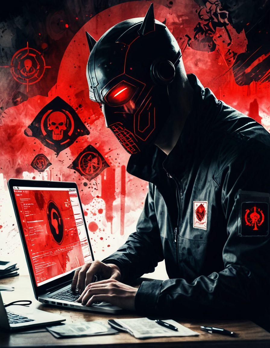 A compassionate, vigilant cyber guardian reviewing a distress signal from a laptop, surrounded by alarming red and black warning signs. In the foreground, a concerned person reporting the issue via a smartphone. Background shows an ominous web of digital code and silhouettes indicating threats. watercolor illustration. muted tones. somber mood.